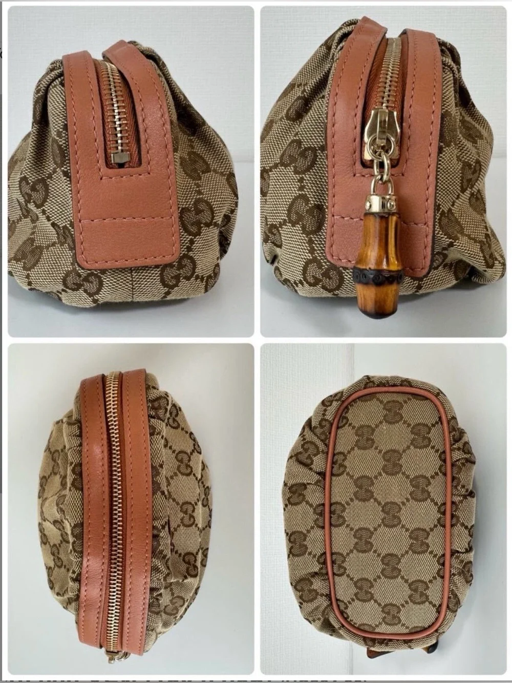 Gucci Beige and Brown GG Canvas Cosmetic Case w/ Bamboo Zipper Pull, Authentic